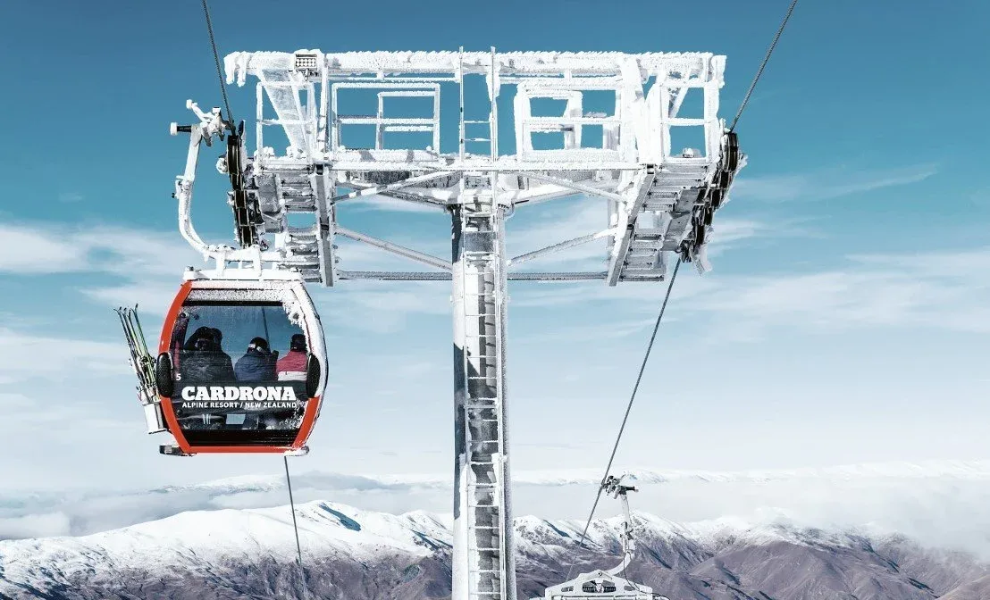 A Cardrona gondola cabin passing a frosted tower